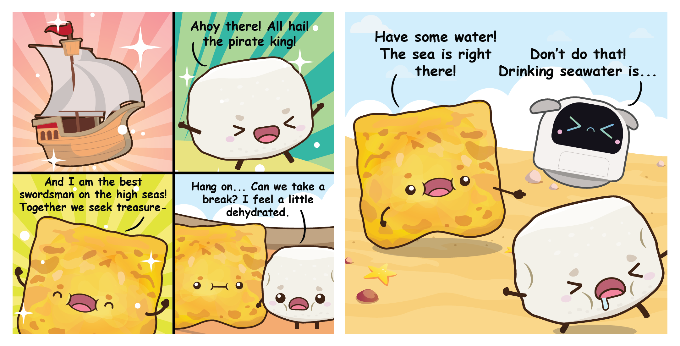 Two-panel comic where Bouncy gets dehydrated while playing pirates with Flip, leading Flip to suggest drinking seawater while Poodle tries to stop them.
